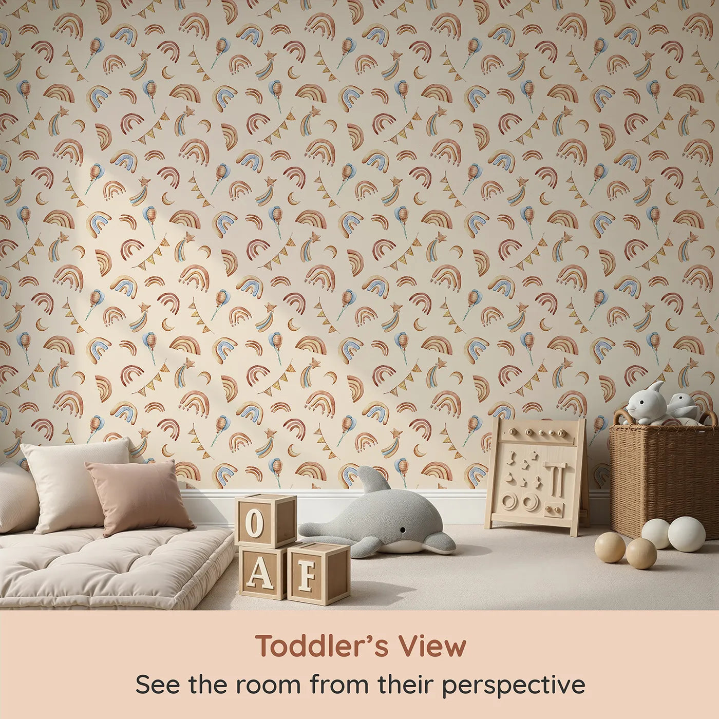 Whimsy Tots Sky Bloom Party Wallpaper in Beige (W3402C) from your child's view.Soft rainbows and moonlit balloons drift across a warm beige sky.