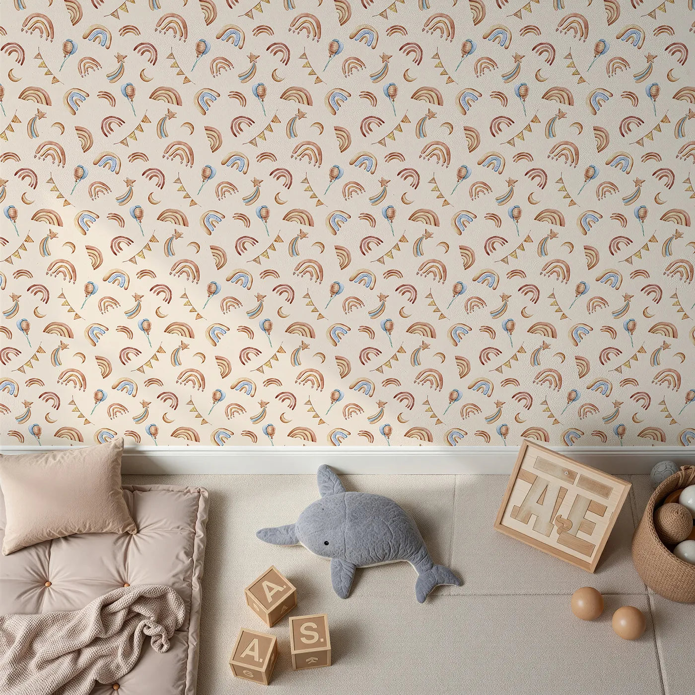 Top-Down view of Whimsy Tots' Sky Bloom Party Wallpaper in Beige (W3402C).Soft rainbows and moonlit balloons drift across a warm beige sky.