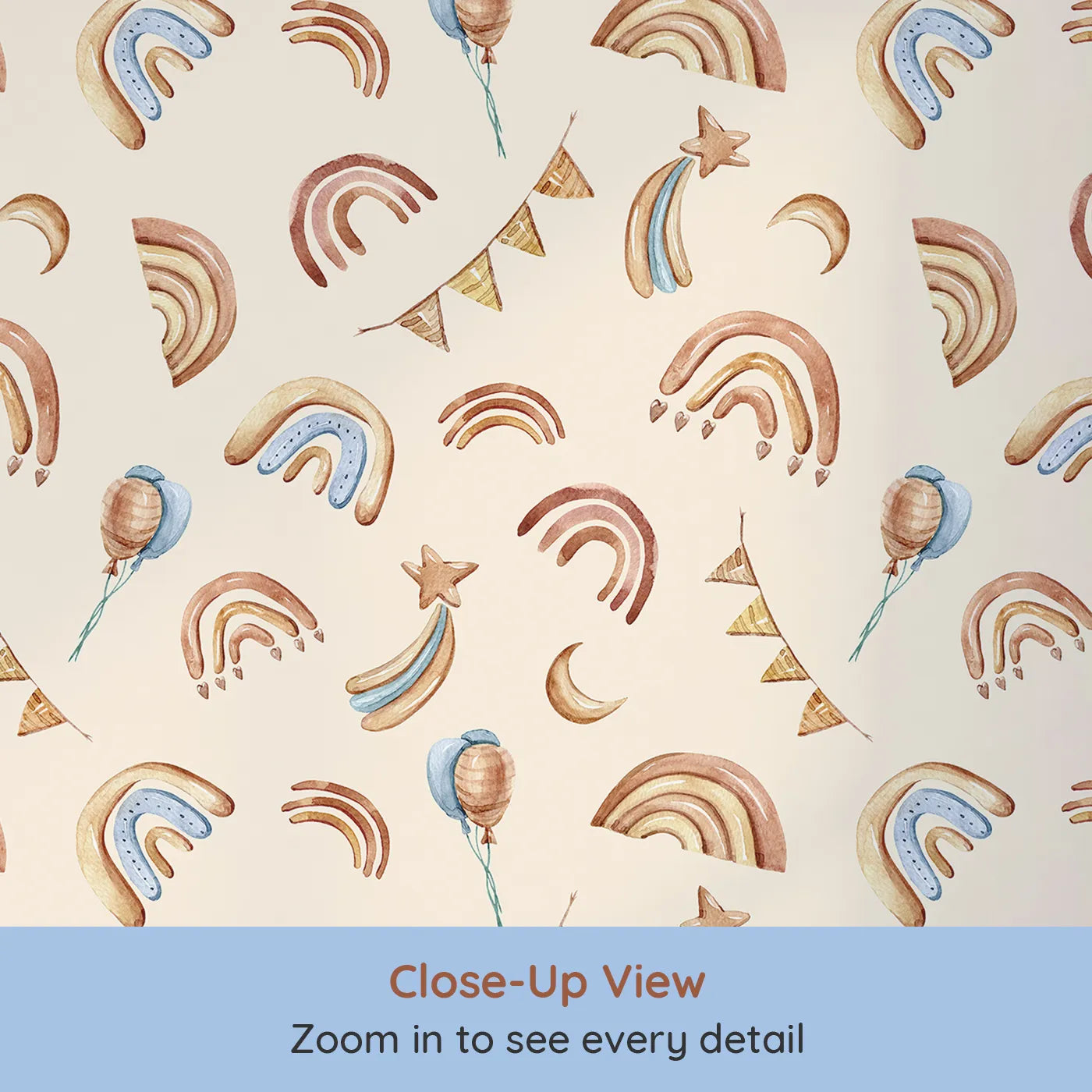 Close-up view of Whimsy Tots' Sky Bloom Party Wallpaper in Beige (W3402C).Soft rainbows and moonlit balloons drift across a warm beige sky.