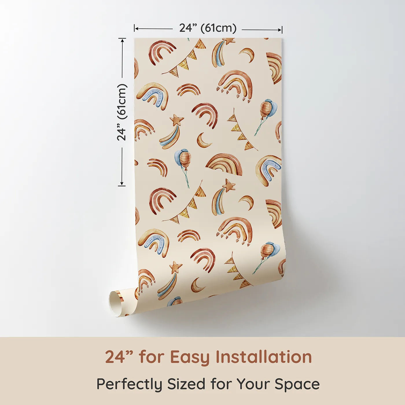 Dimension view of Whimsy Tots Sky Bloom Party Wallpaper in Beige (W3402C). Printed in 24-inch-wide panel for easy installation. Soft rainbows and moonlit balloons drift across a warm beige sky.