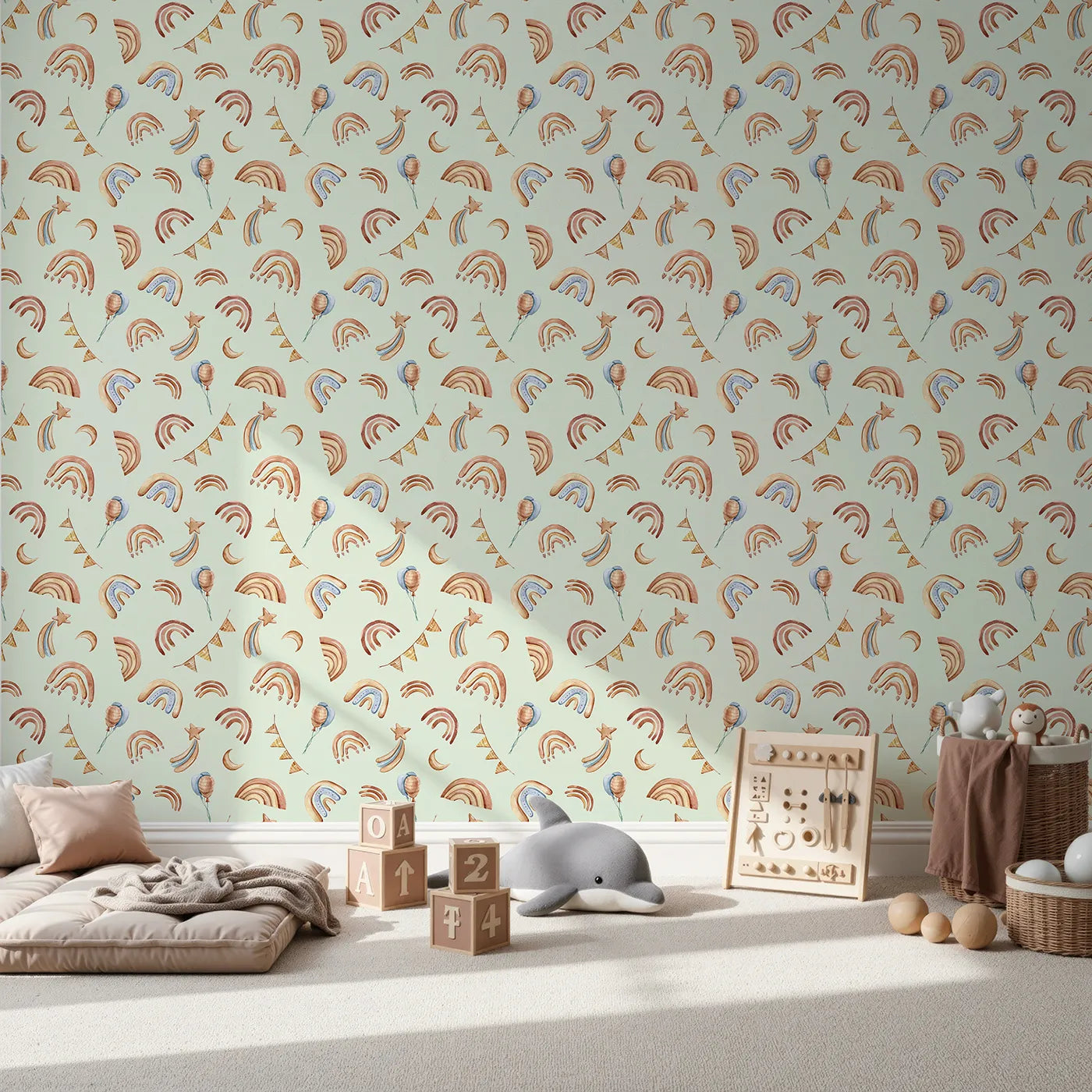 Front view of Whimsy Tots' Sky Bloom Party Wallpaper in Mint Green