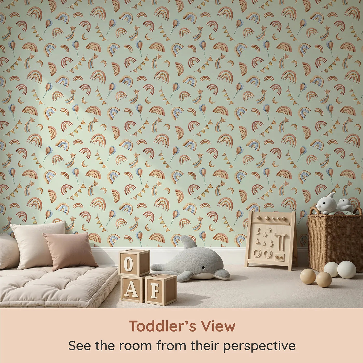 Whimsy Tots Sky Bloom Party Wallpaper in Mint Green (W3402D) from your child's view.Hand-painted rainbows and festive stars float across a soft mint sky.