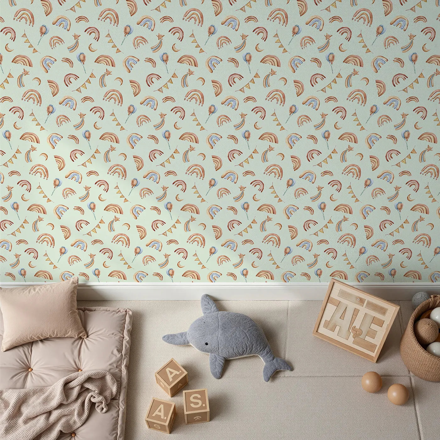 Top-Down view of Whimsy Tots' Sky Bloom Party Wallpaper in Mint Green (W3402D).Hand-painted rainbows and festive stars float across a soft mint sky.