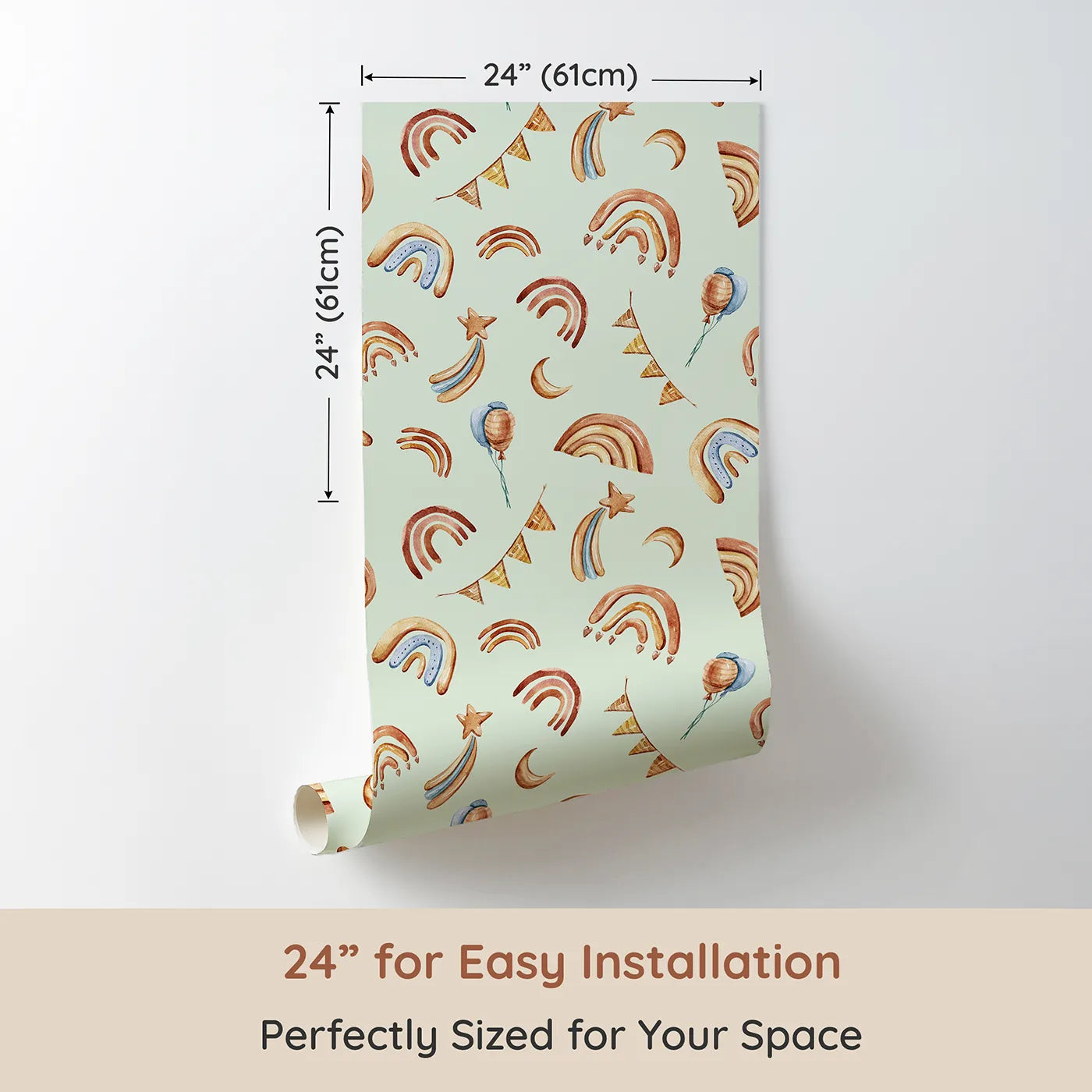 Dimension view of Whimsy Tots Sky Bloom Party Wallpaper in Mint Green (W3402D). Printed in 24-inch-wide panel for easy installation. Hand-painted rainbows and festive stars float across a soft mint sky.