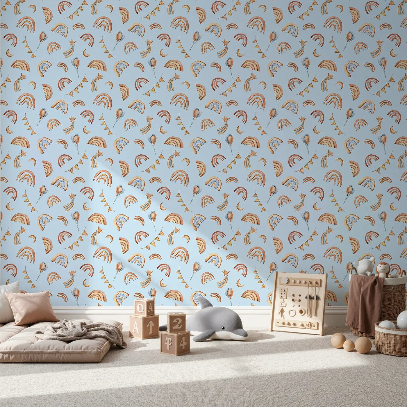 Front view of Whimsy Tots' Sky Bloom Party Wallpaper in Blue