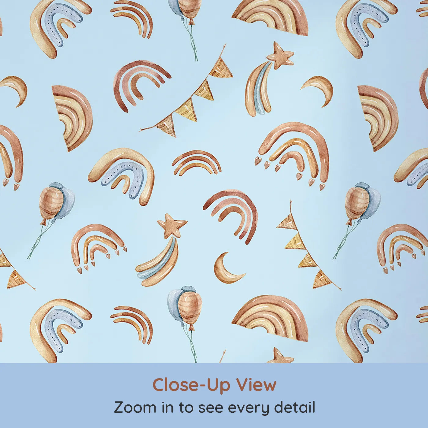Close-up view of Whimsy Tots' Sky Bloom Party Wallpaper in Blue (W3402E).Cheerful rainbows and soft balloons float across a sky-blue canvas.