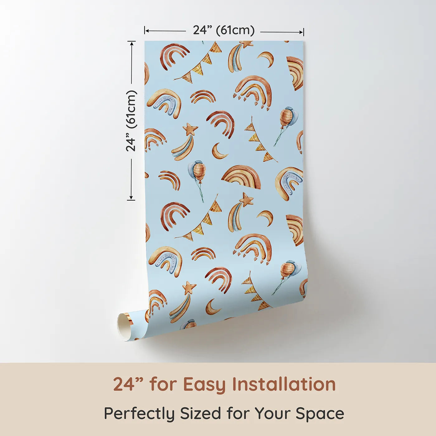 Dimension view of Whimsy Tots Sky Bloom Party Wallpaper in Blue (W3402E). Printed in 24-inch-wide panel for easy installation. Cheerful rainbows and soft balloons float across a sky-blue canvas.