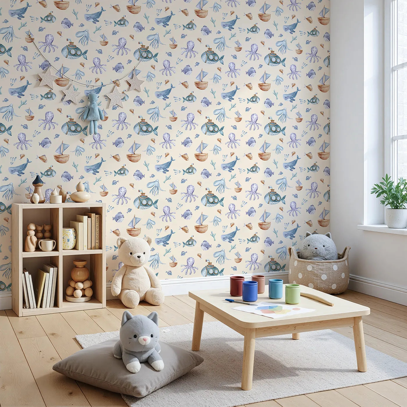 Angled view of Whimsy Tots' Deep Sea Discovery Wallpaper in Beige (W3403C).Watercolor whales, submarines, and jellyfish float through a warm ocean scene.