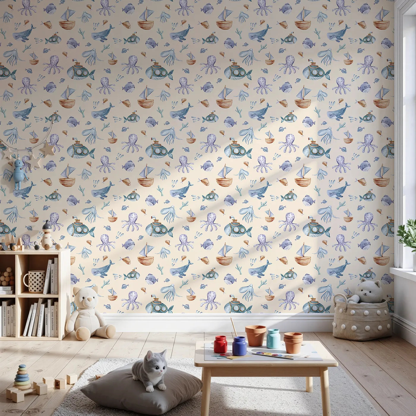 Front view of Whimsy Tots' Deep Sea Discovery Wallpaper in Beige