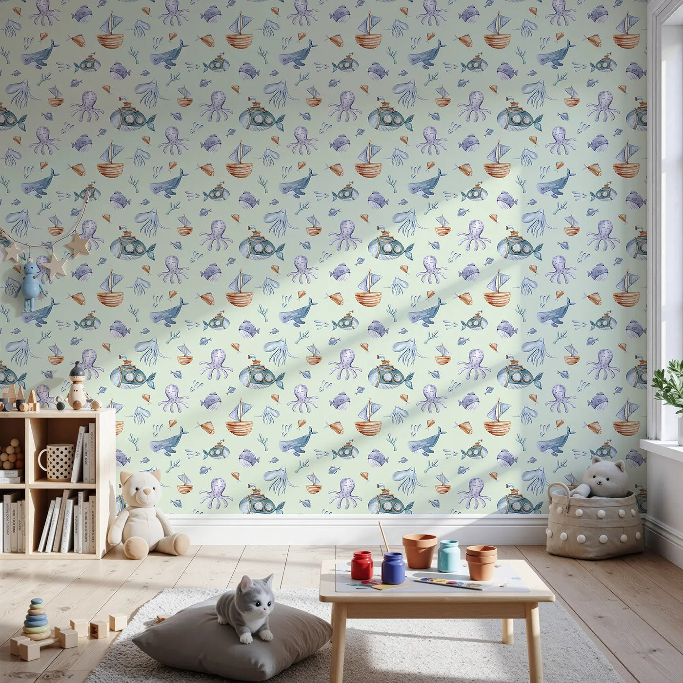 Front view of Whimsy Tots' Deep Sea Discovery Wallpaper in Mint Green