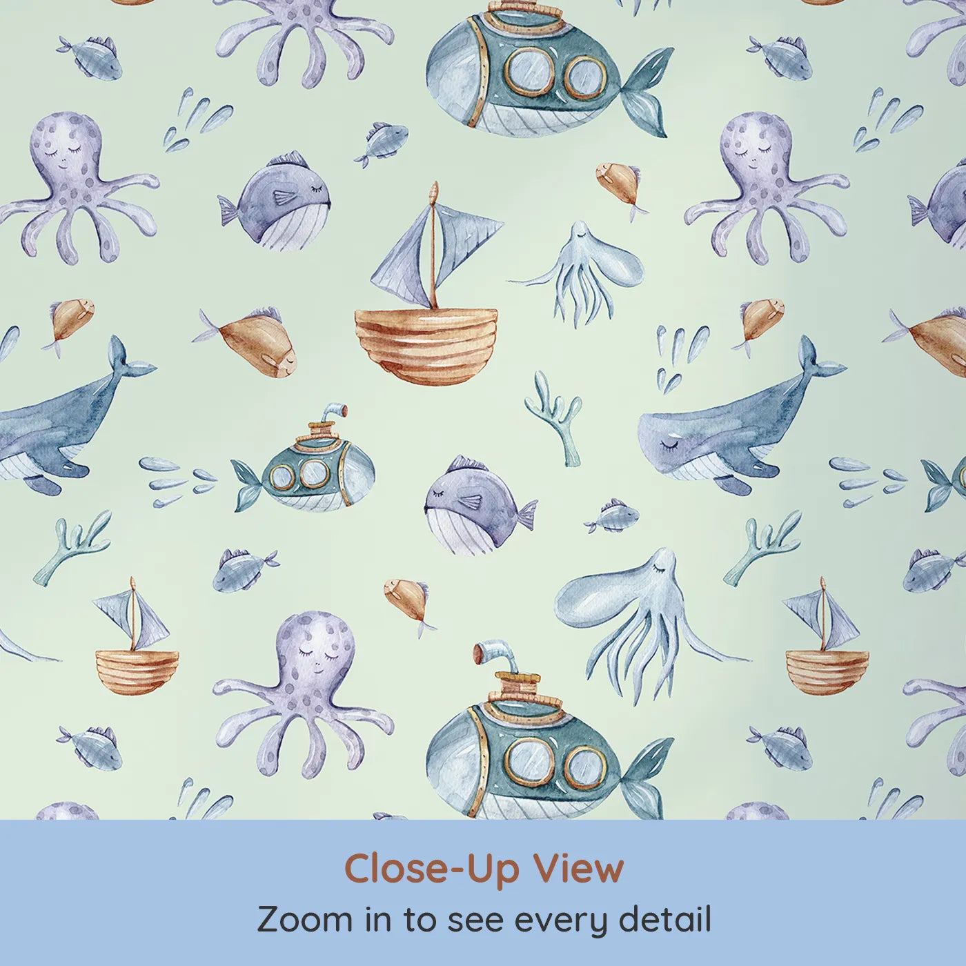 Close-up view of Whimsy Tots' Deep Sea Discovery Wallpaper in Mint Green (W3403D).Watercolor whales and submarines drift across a gentle mint sea.