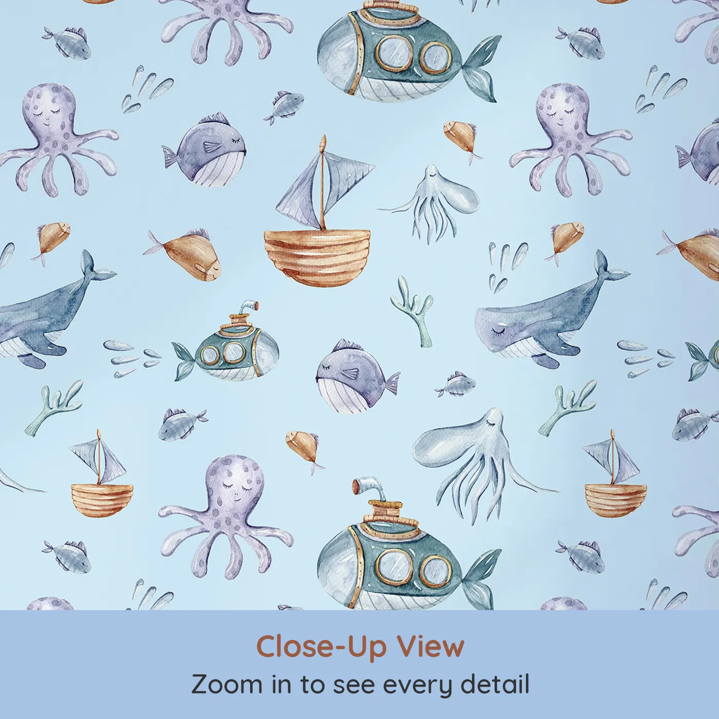 Close-up view of Whimsy Tots' Deep Sea Discovery Wallpaper in Blue (W3403E).Playful whales and curious subs explore a peaceful ocean-blue sky.