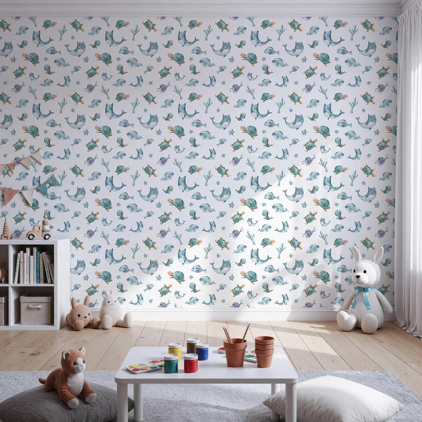 Front view of Whimsy Tots' Dreamy Sea Pals Wallpaper in White