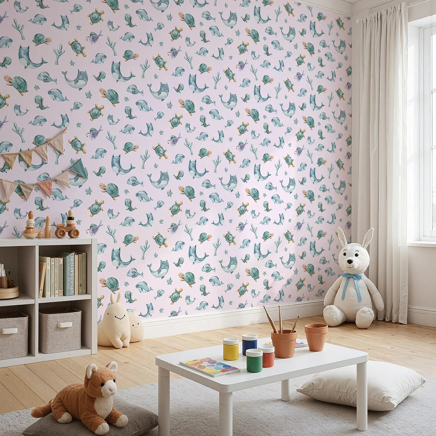 Angled view of Whimsy Tots' Dreamy Sea Pals Wallpaper in Blush Pink (W3404B).Sleepy whales and turtles drift through peaceful seas.