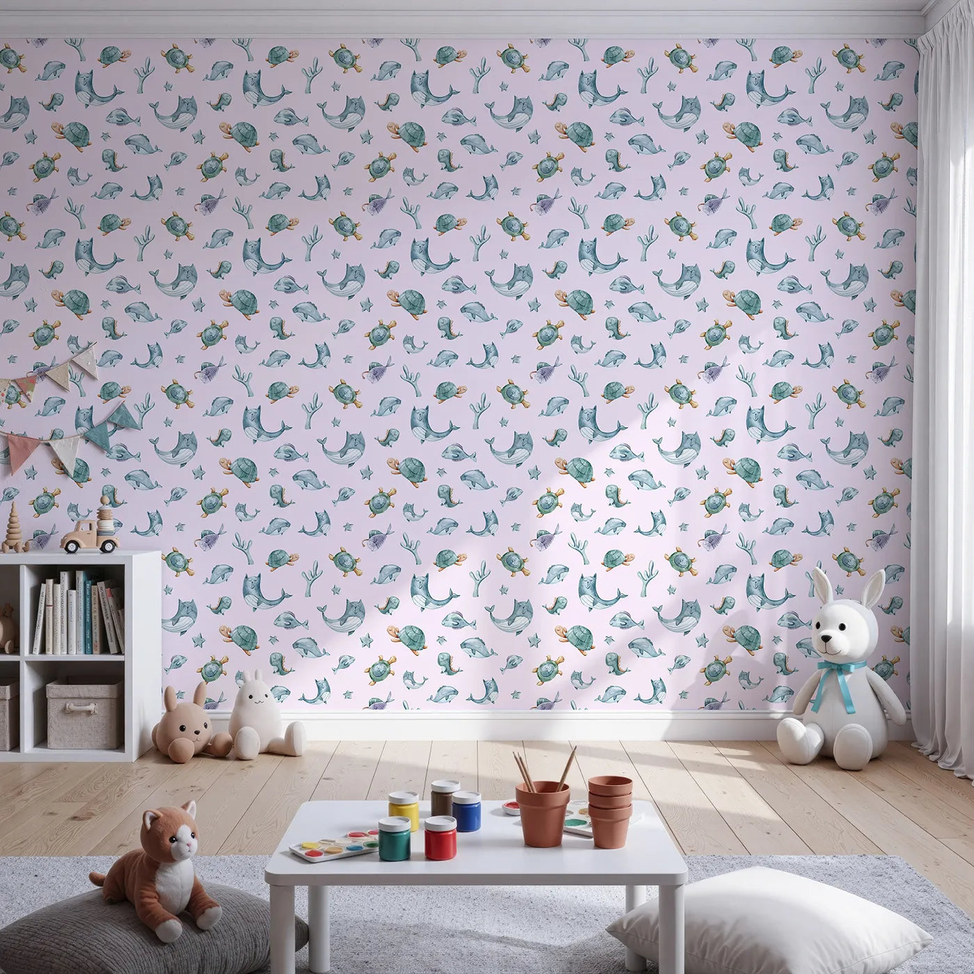 Front view of Whimsy Tots' Dreamy Sea Pals Wallpaper in Blush Pink