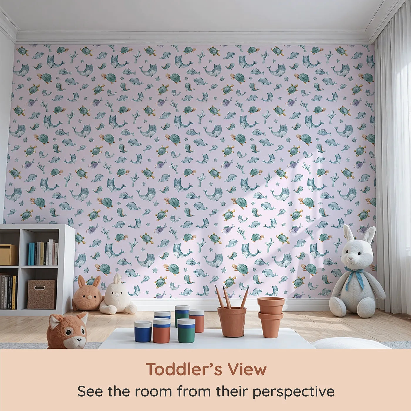 Whimsy Tots Dreamy Sea Pals Wallpaper in Blush Pink (W3404B) from your child's view.Sleepy whales and turtles drift through peaceful seas.