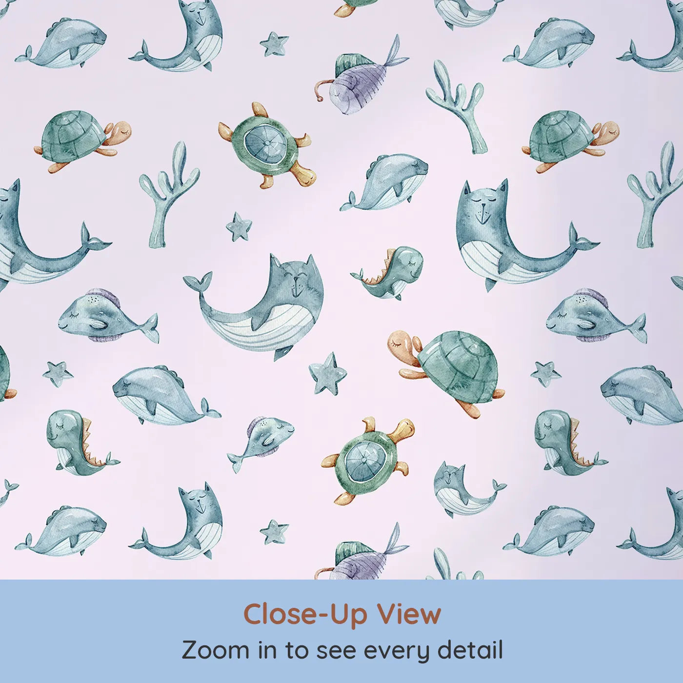 Close-up view of Whimsy Tots' Dreamy Sea Pals Wallpaper in Blush Pink (W3404B).Sleepy whales and turtles drift through peaceful seas.