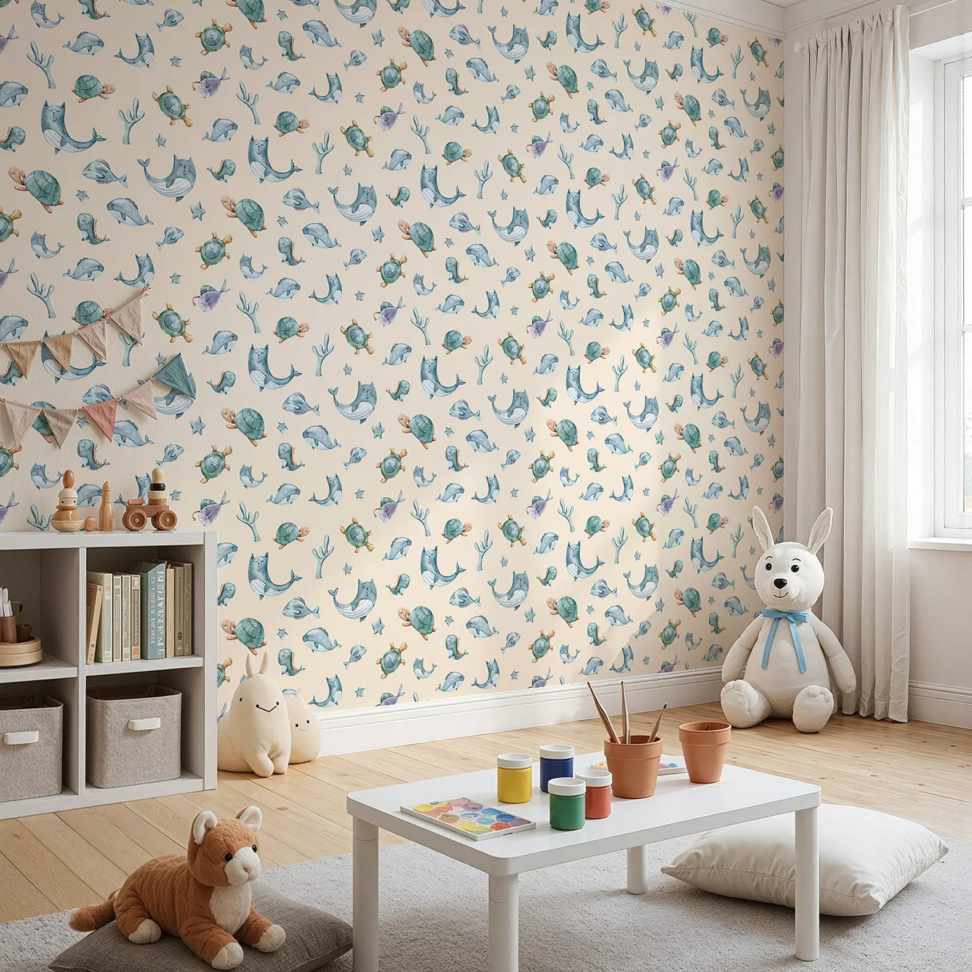 Angled view of Whimsy Tots' Dreamy Sea Pals Wallpaper in Beige (W3404C).Sleepy whales and turtles drift through peaceful seas.