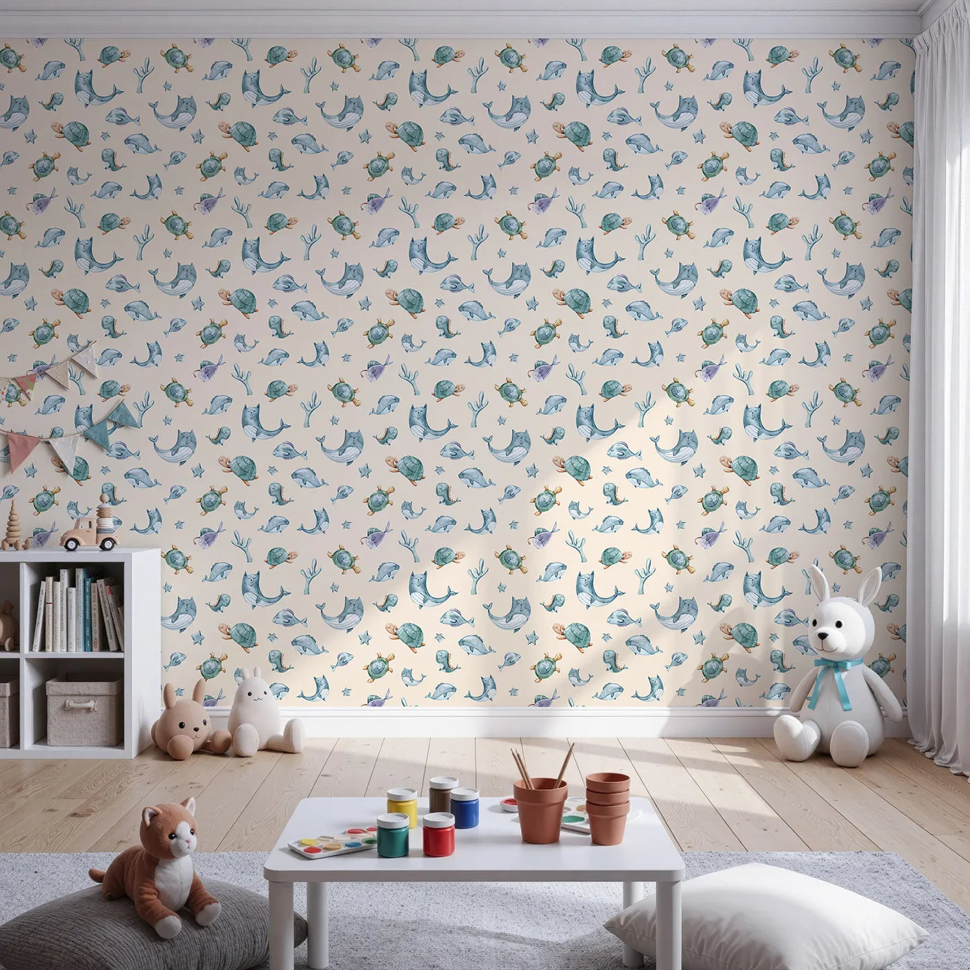 Front view of Whimsy Tots' Dreamy Sea Pals Wallpaper in Beige