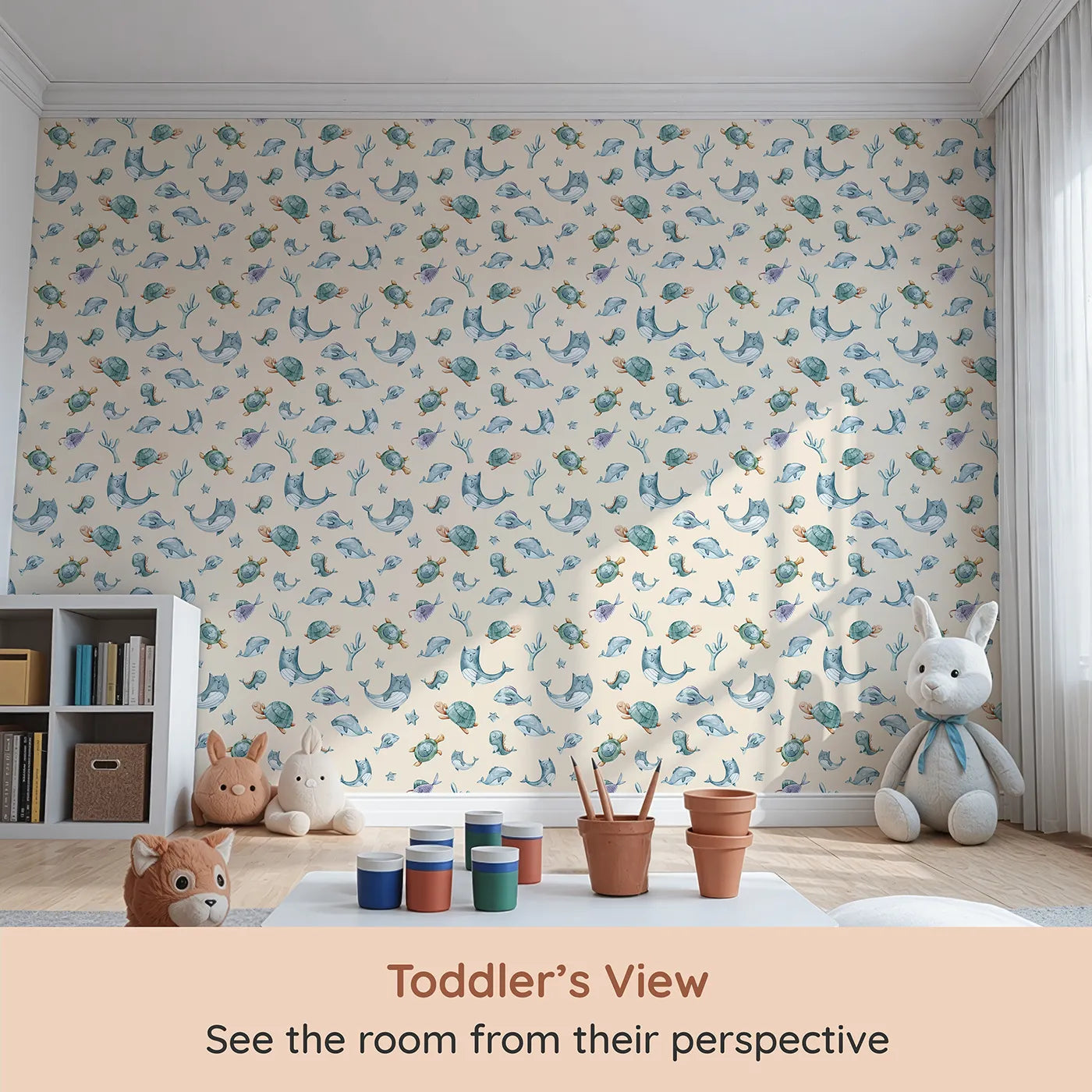 Whimsy Tots Dreamy Sea Pals Wallpaper in Beige (W3404C) from your child's view.Sleepy whales and turtles drift through peaceful seas.