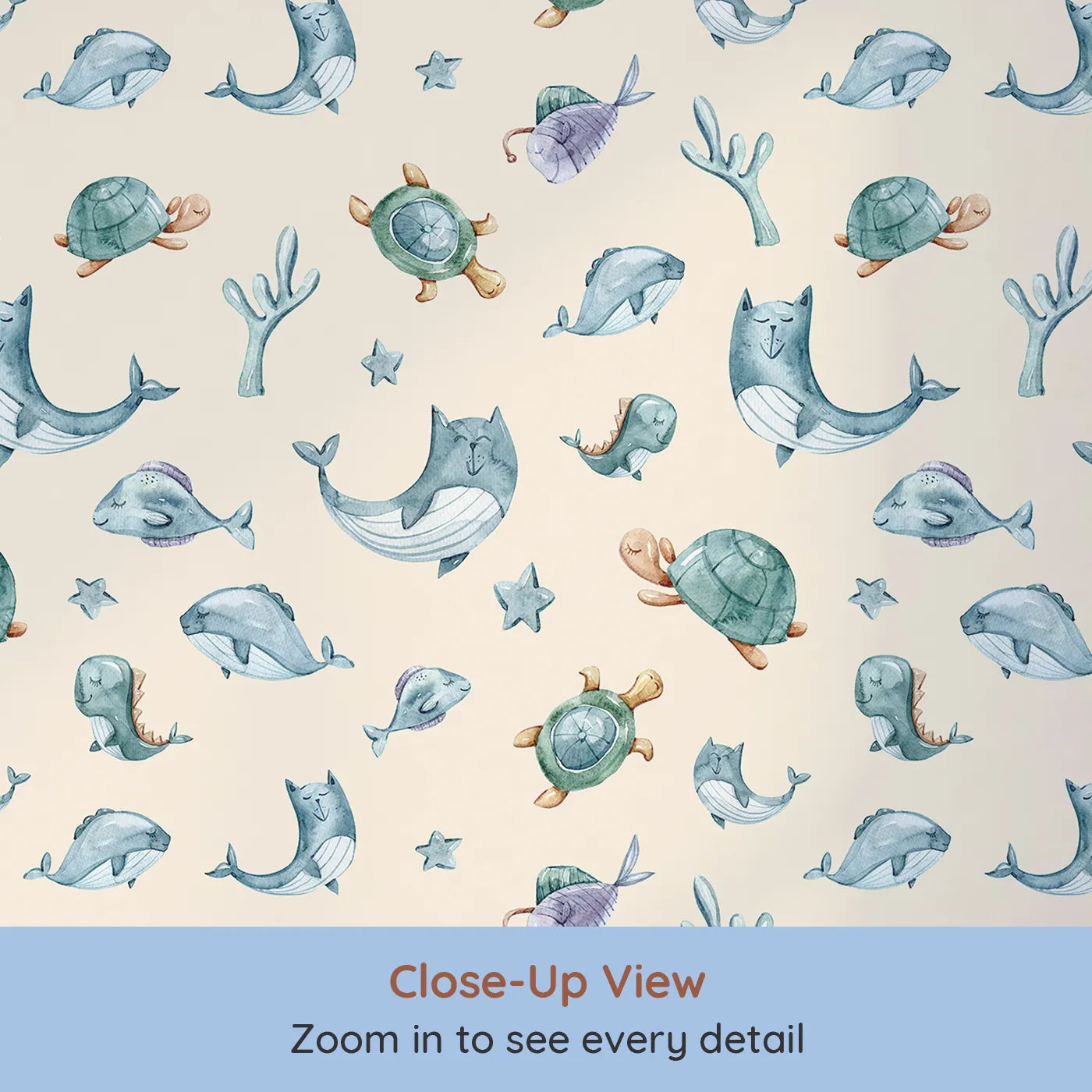 Close-up view of Whimsy Tots' Dreamy Sea Pals Wallpaper in Beige (W3404C).Sleepy whales and turtles drift through peaceful seas.