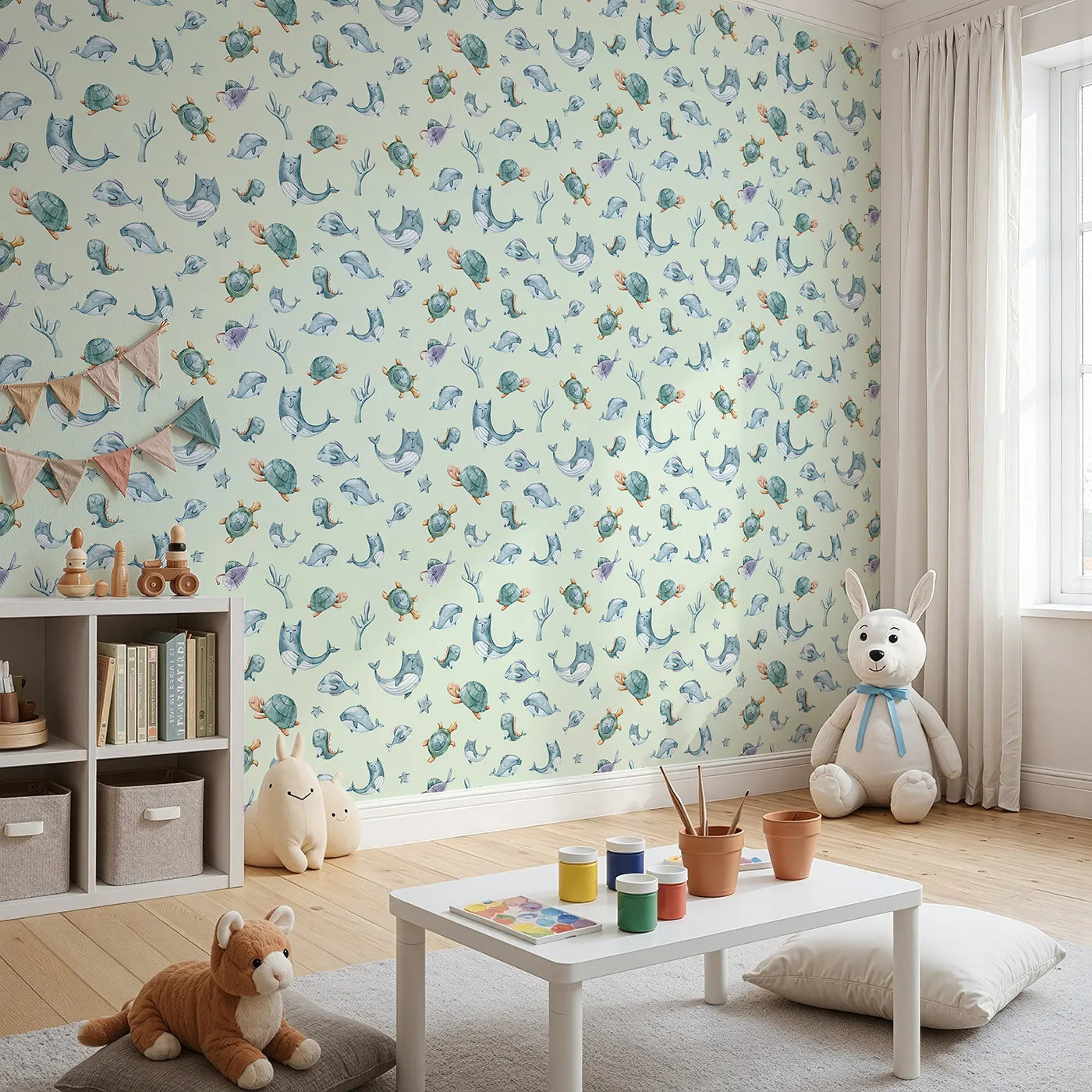 Angled view of Whimsy Tots' Dreamy Sea Pals Wallpaper in Mint Green (W3404D).Sleepy whales and turtles drift through peaceful seas.