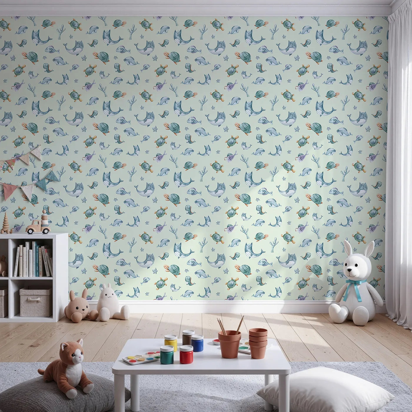 Front view of Whimsy Tots' Dreamy Sea Pals Wallpaper in Mint Green