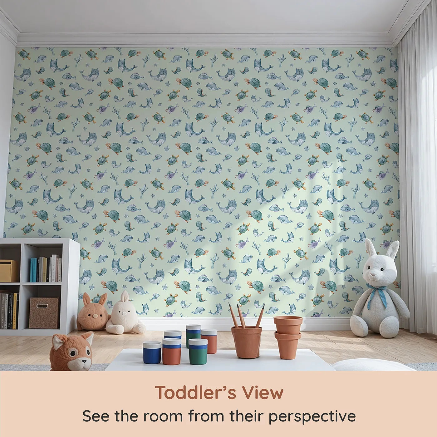 Whimsy Tots Dreamy Sea Pals Wallpaper in Mint Green (W3404D) from your child's view.Sleepy whales and turtles drift through peaceful seas.