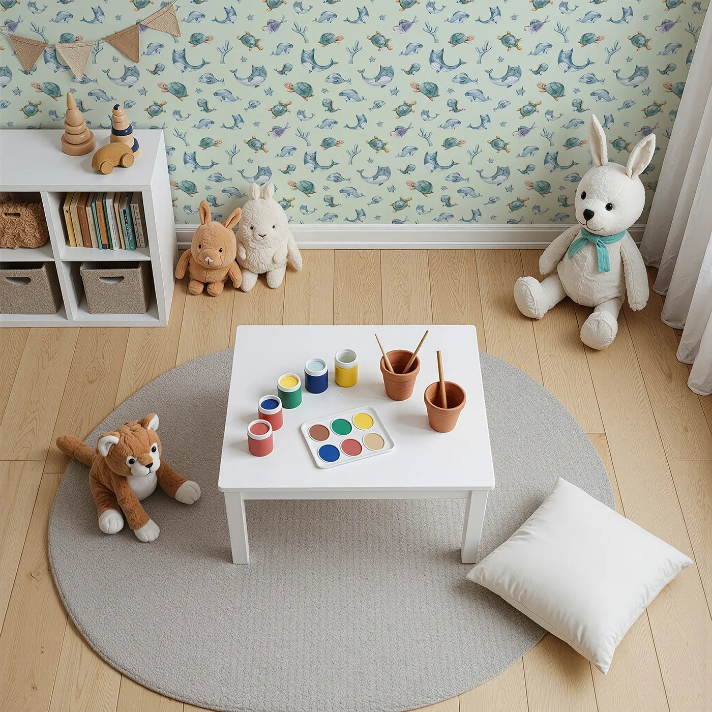 Top-Down view of Whimsy Tots' Dreamy Sea Pals Wallpaper in Mint Green (W3404D).Sleepy whales and turtles drift through peaceful seas.