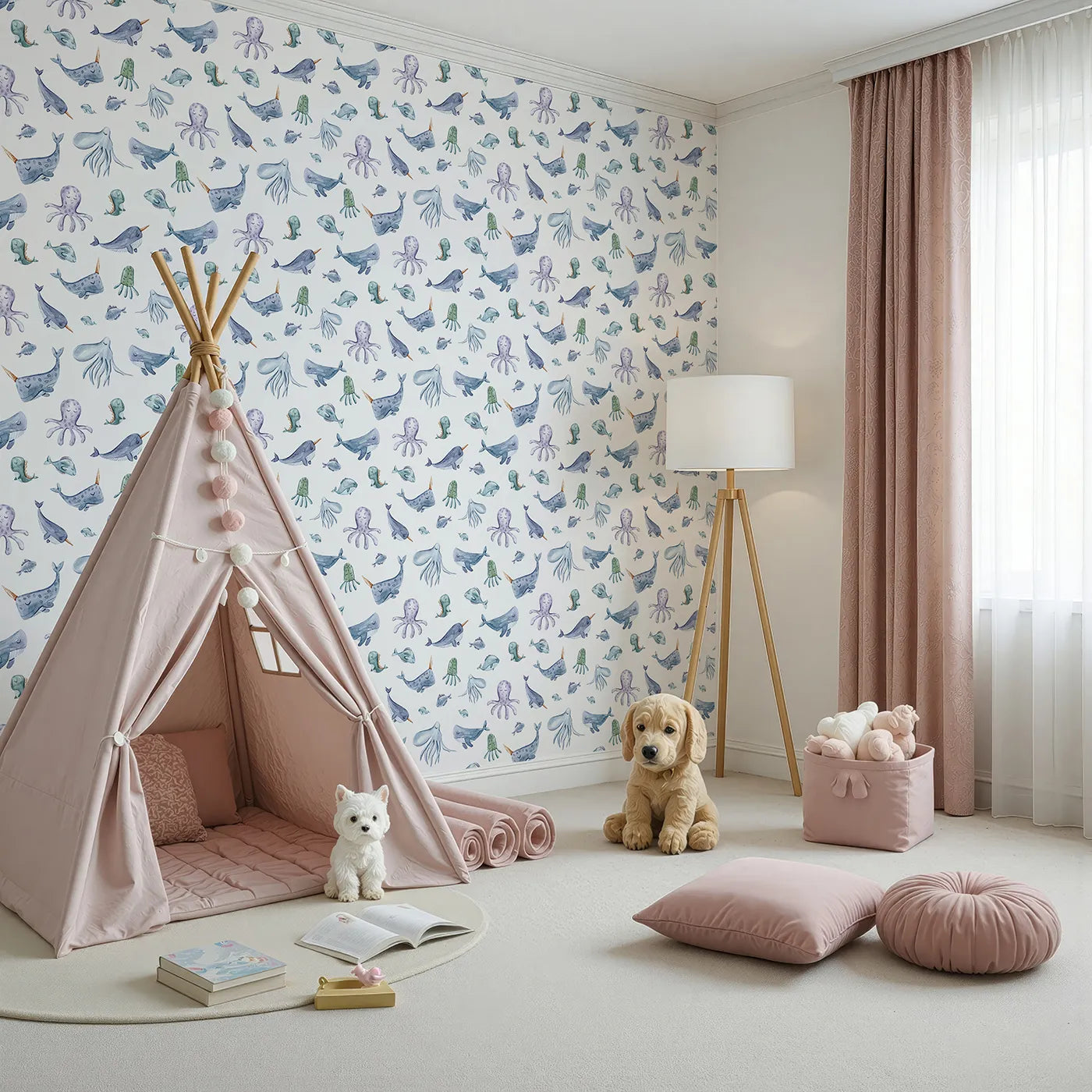 Angled view of Whimsy Tots' Whale Song Friends Wallpaper in White (W3405A).Narwhals, whales, and octopuses float playfully through a soft white ocean.
