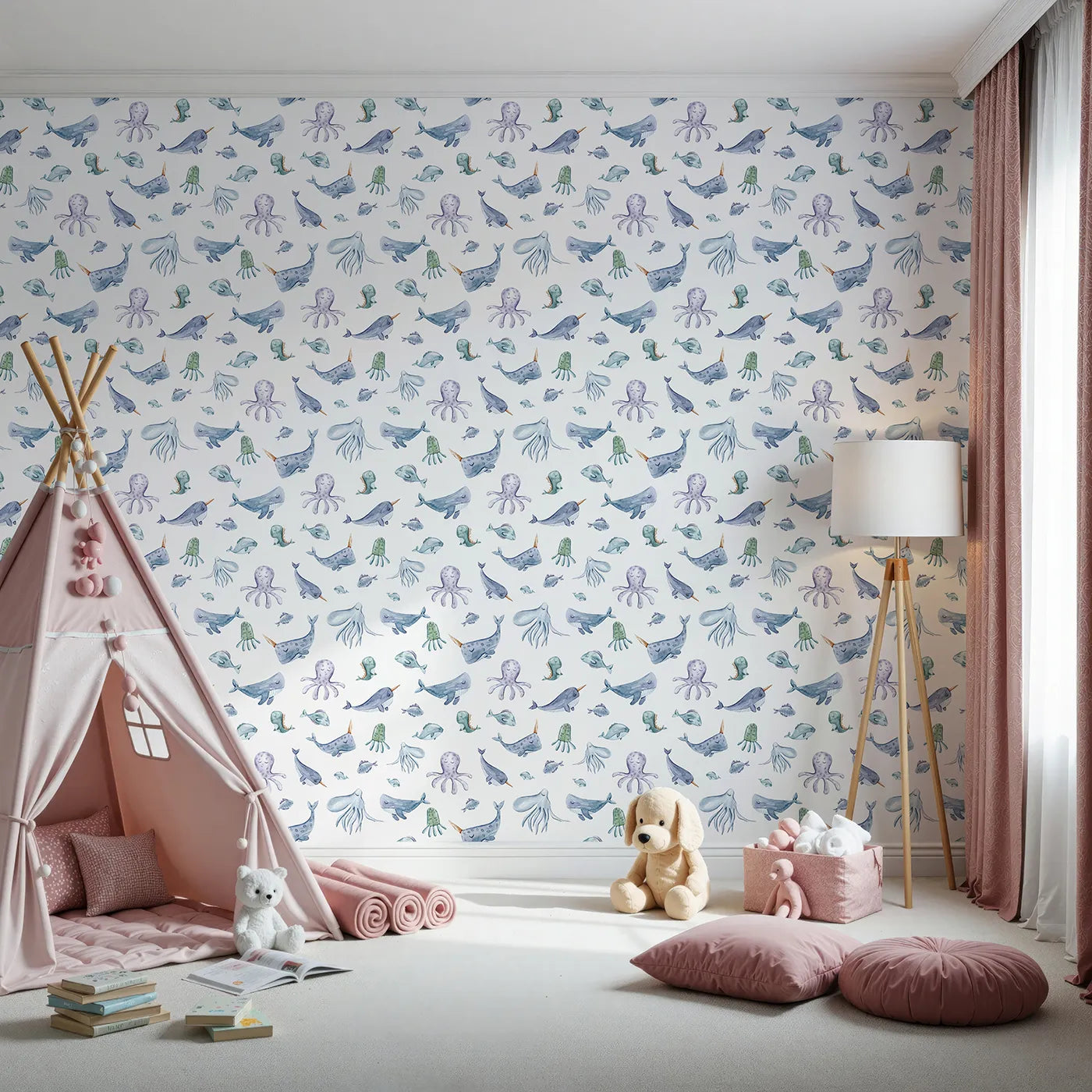Front view of Whimsy Tots' Whale Song Friends Wallpaper in White