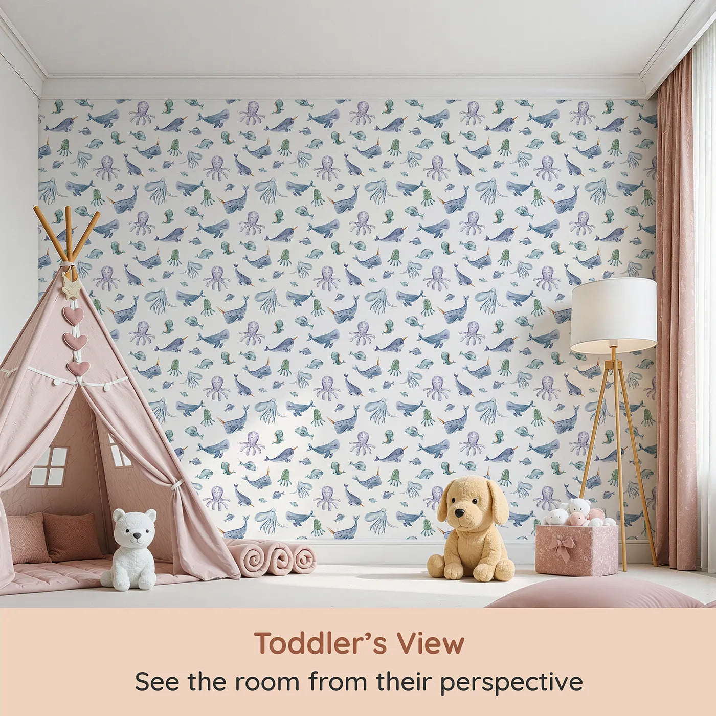 Whimsy Tots Whale Song Friends Wallpaper in White (W3405A) from your child's view.Narwhals, whales, and octopuses float playfully through a soft white ocean.
