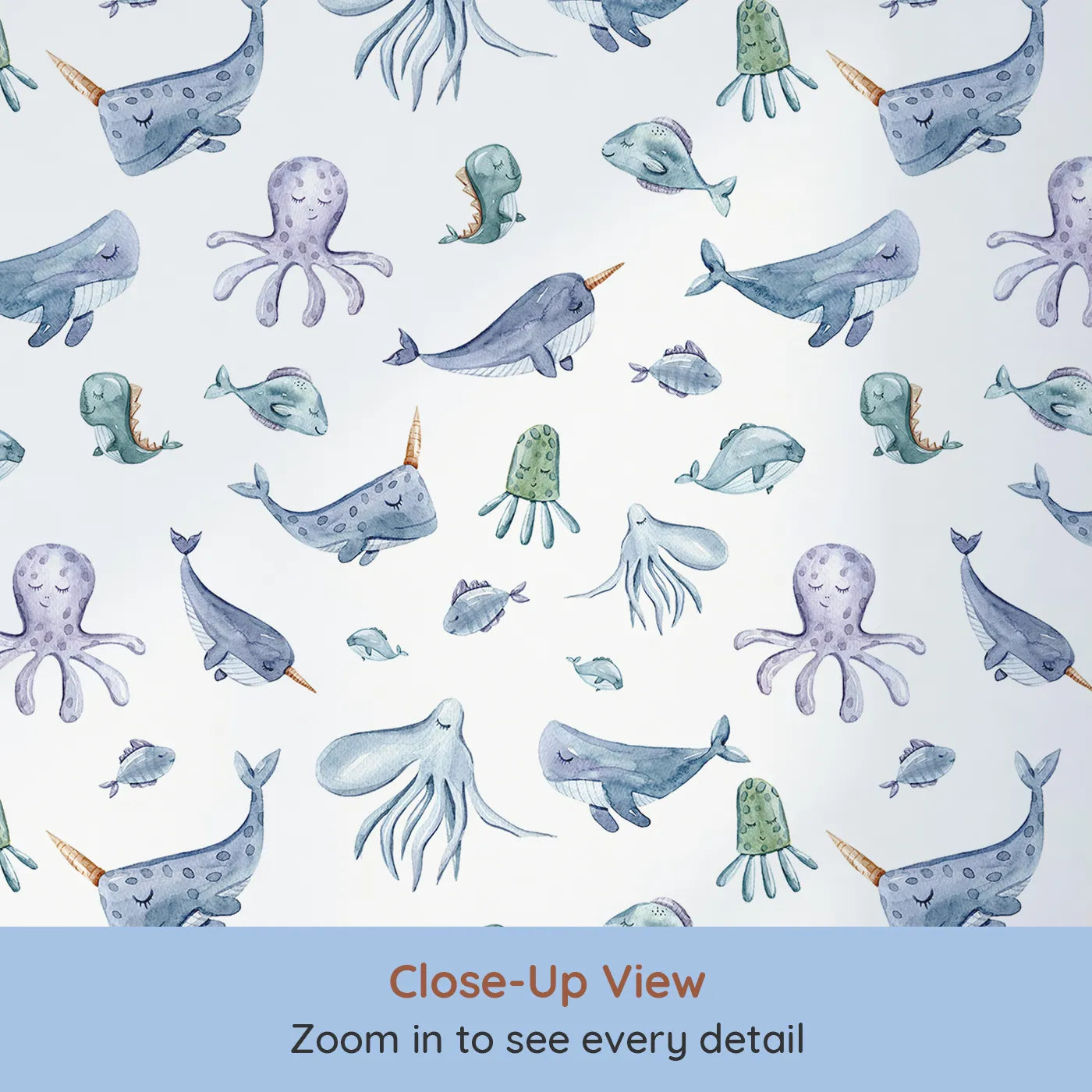 Close-up view of Whimsy Tots' Whale Song Friends Wallpaper in White (W3405A).Narwhals, whales, and octopuses float playfully through a soft white ocean.