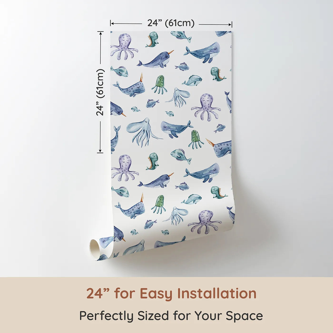 Dimension view of Whimsy Tots Whale Song Friends Wallpaper in White (W3405A). Printed in 24-inch-wide panel for easy installation. Narwhals, whales, and octopuses float playfully through a soft white ocean.