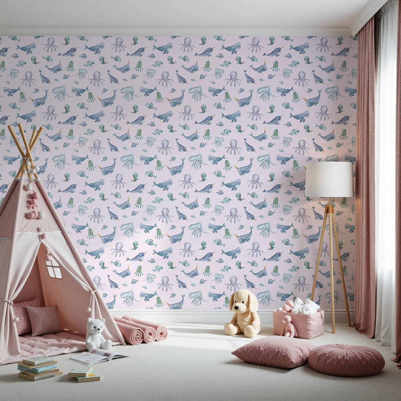Front view of Whimsy Tots' Whale Song Friends Wallpaper in Pink