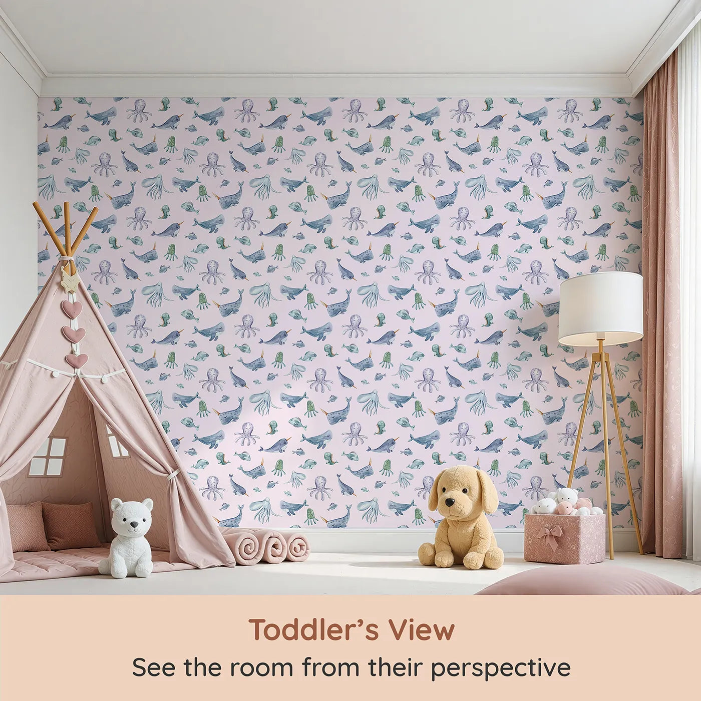 Whimsy Tots Whale Song Friends Wallpaper in Pink (W3405B) from your child's view.Gentle whales and sleepy jellyfish drift through a blush pink ocean.
