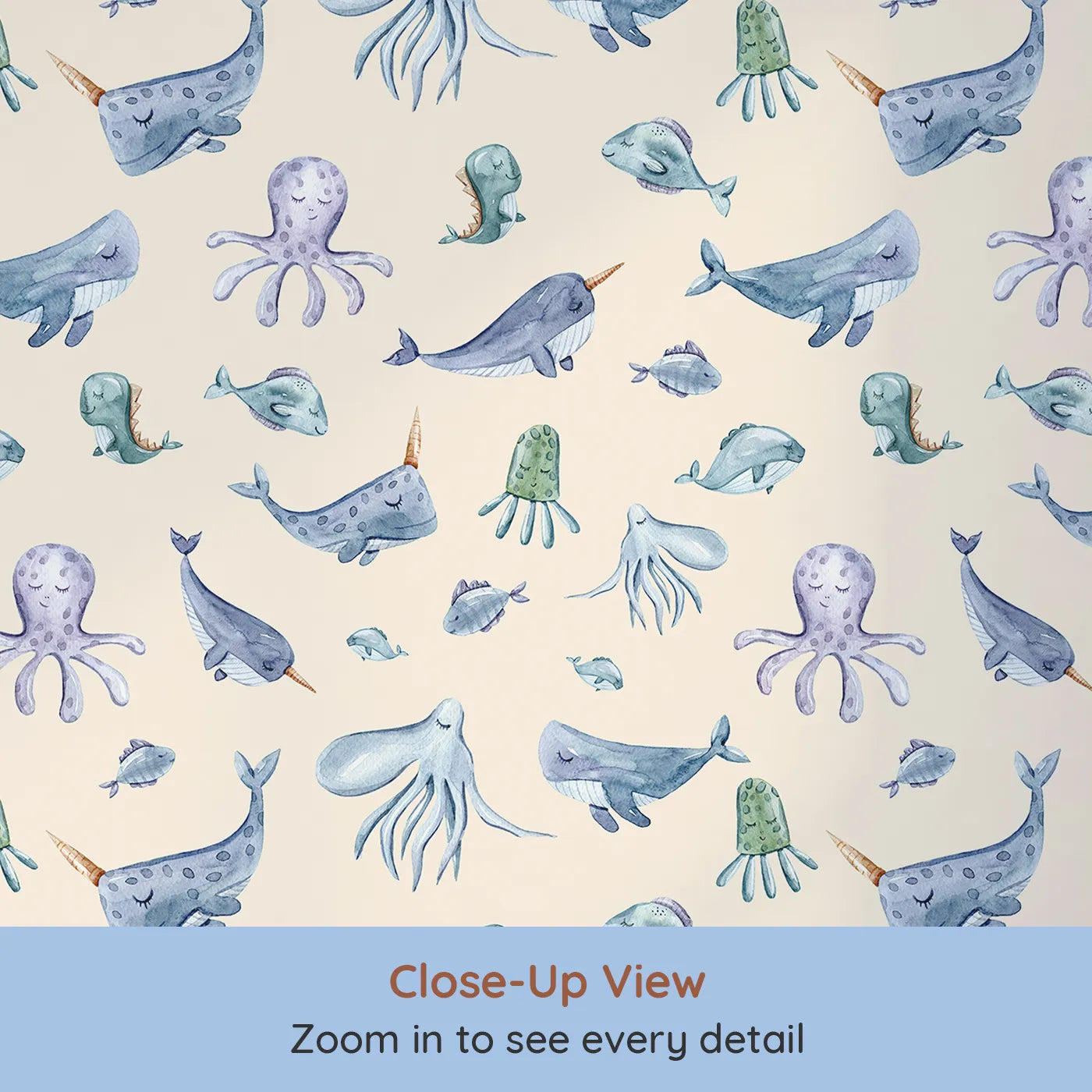 Close-up view of Whimsy Tots' Whale Song Friends Wallpaper in Beige (W3405C).Narwhals, whales, and jellyfish float softly across a warm beige sea.