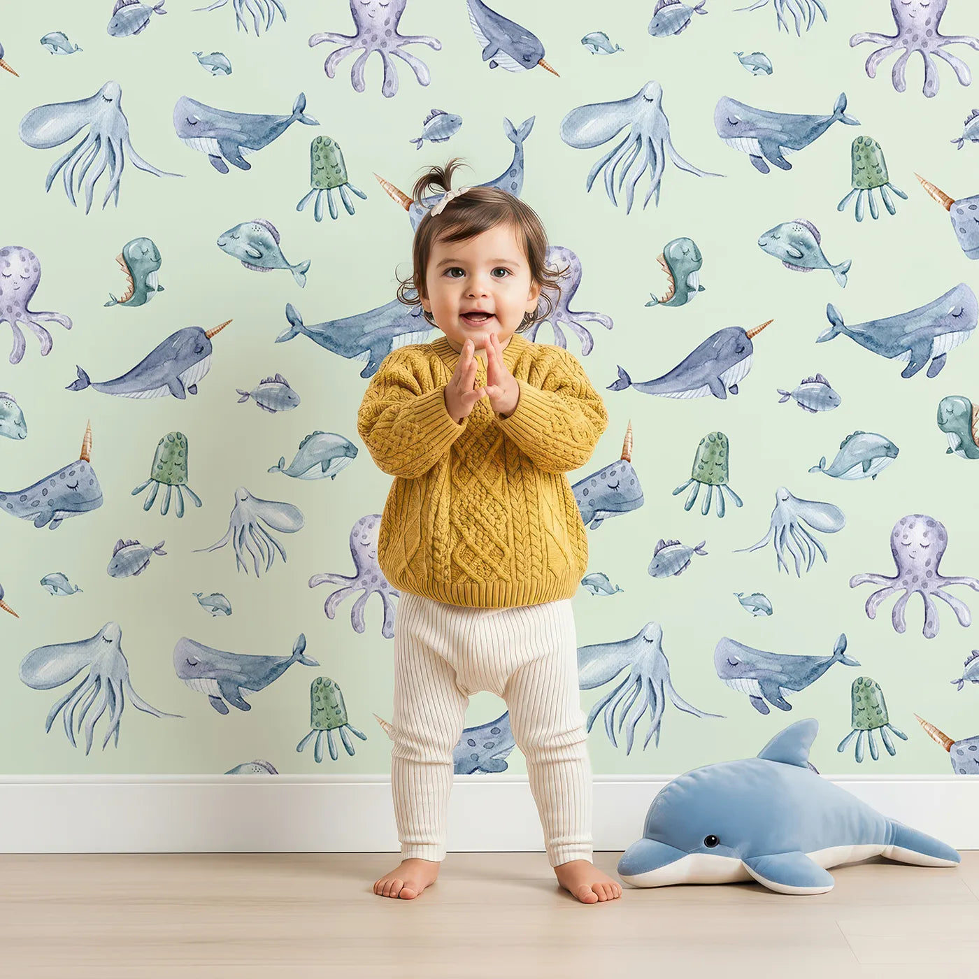 Lovely child standing in front of Whimsy Tots Whale Song Friends Wallpaper in Mint Green with whale, fish, narwhal, octopus, jellyfish in design.