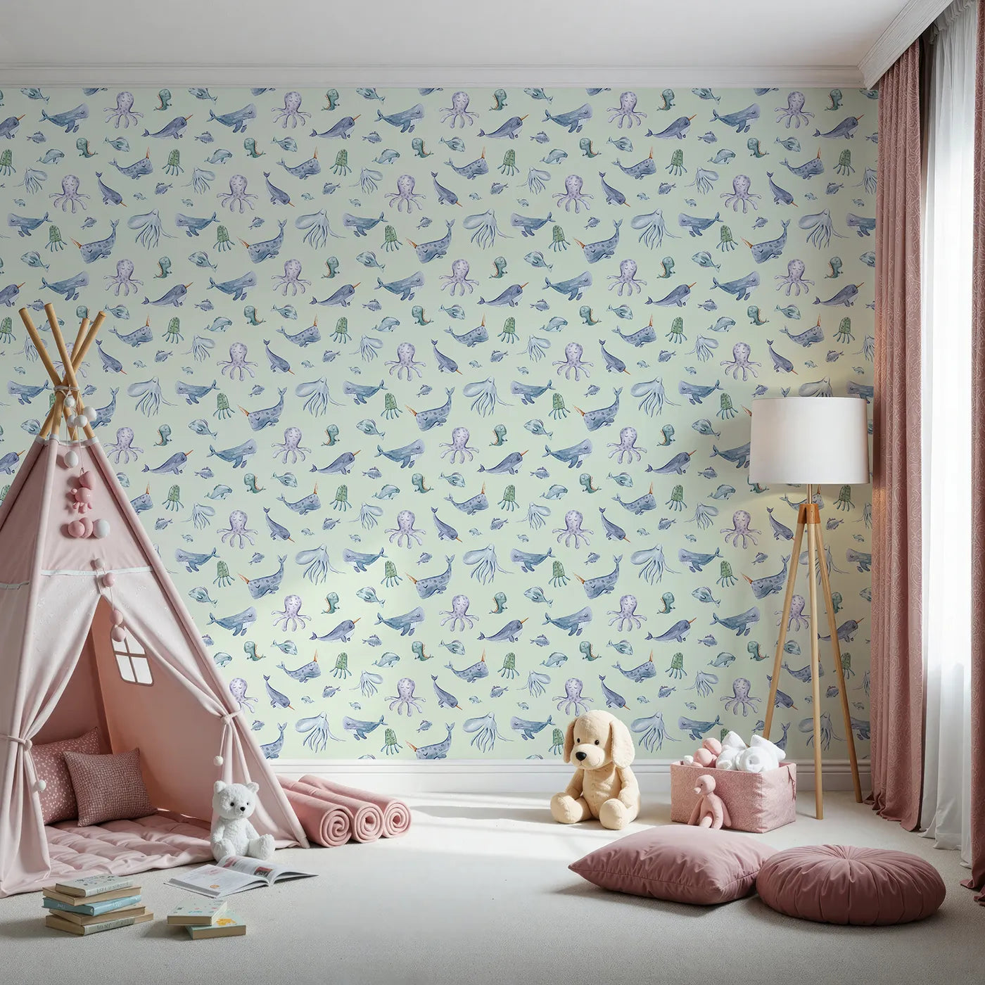 Front view of Whimsy Tots' Whale Song Friends Wallpaper in Mint Green