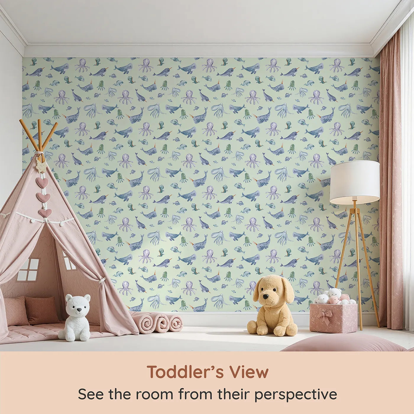 Whimsy Tots Whale Song Friends Wallpaper in Mint Green (W3405D) from your child's view.Watercolor sea creatures float gently across a soft mint green ocean.