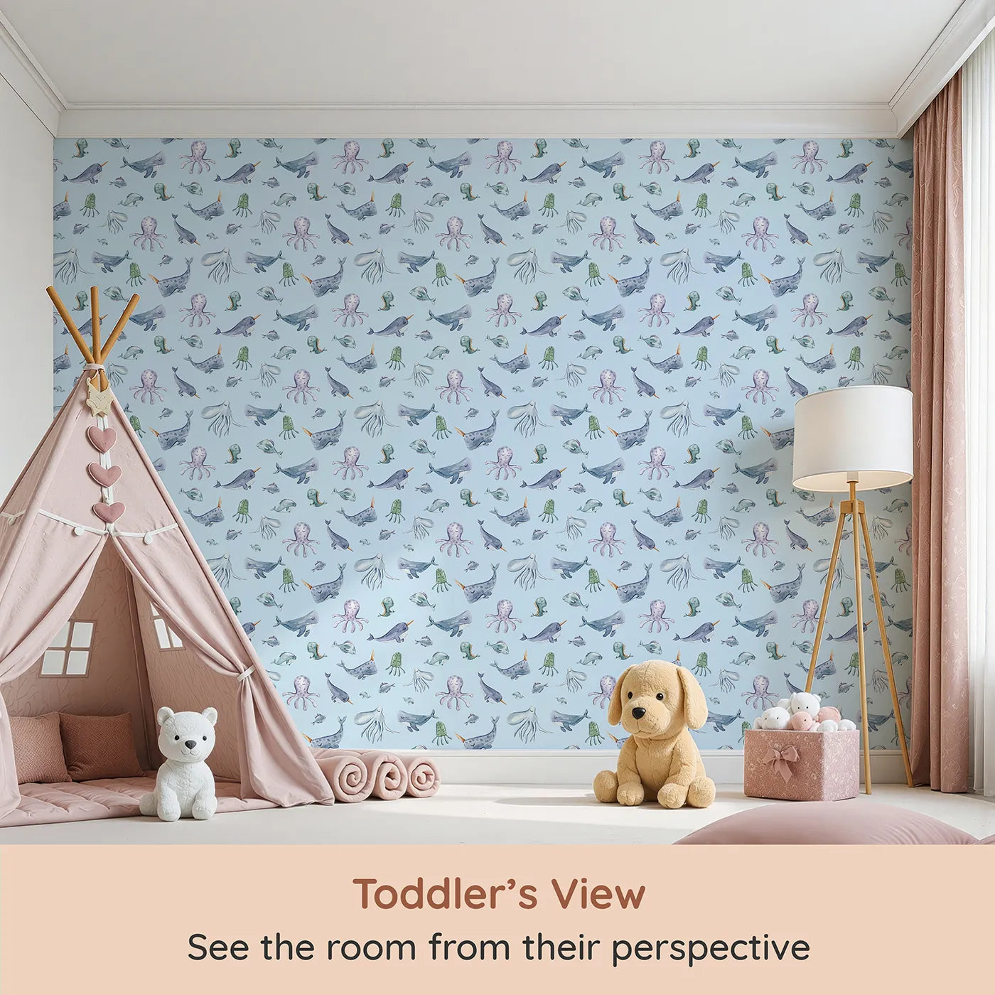 Whimsy Tots Whale Song Friends Wallpaper in Blue (W3405E) from your child's view.Soft blue waves carry sleepy narwhals, whales, and jellyfish on a peaceful journey.