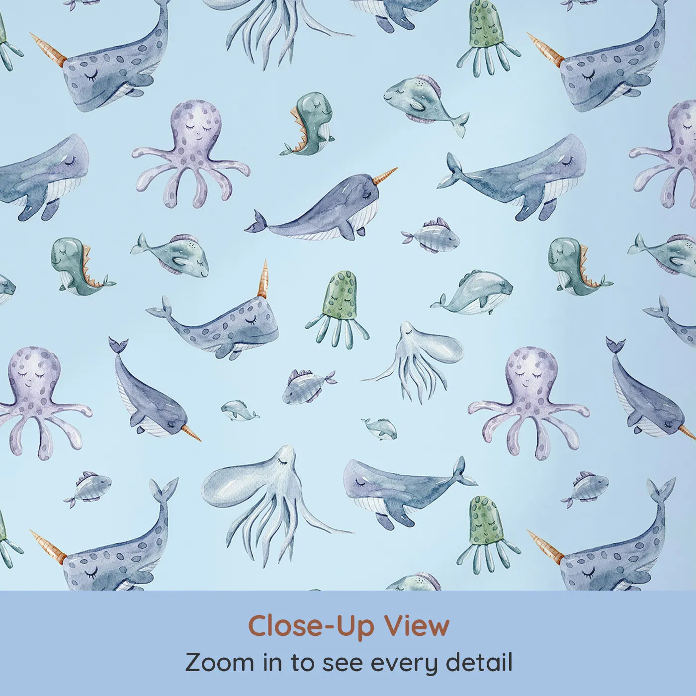 Close-up view of Whimsy Tots' Whale Song Friends Wallpaper in Blue (W3405E).Soft blue waves carry sleepy narwhals, whales, and jellyfish on a peaceful journey.