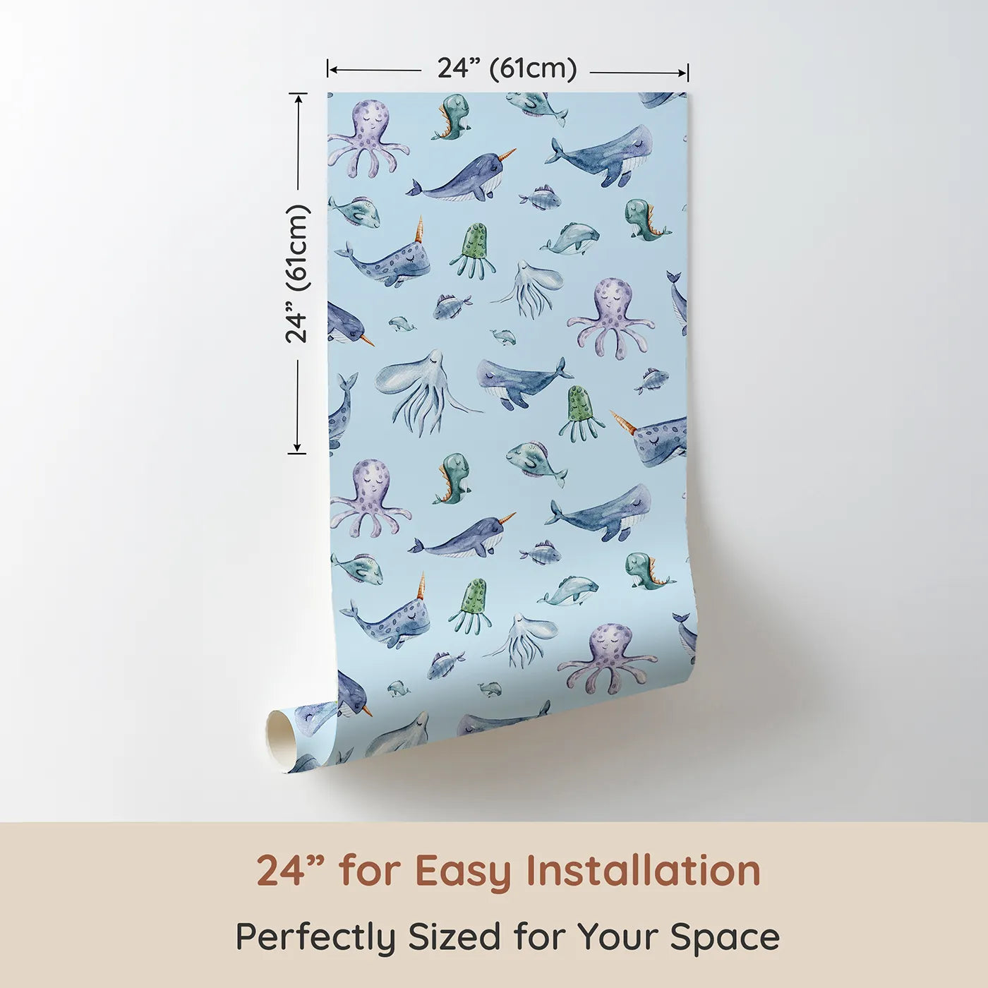 Dimension view of Whimsy Tots Whale Song Friends Wallpaper in Blue (W3405E). Printed in 24-inch-wide panel for easy installation. Soft blue waves carry sleepy narwhals, whales, and jellyfish on a peaceful journey.