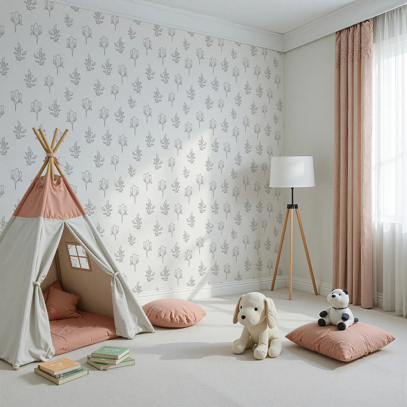 Angled view of Whimsy Tots' Petal Outline Grace Wallpaper in White (W3406A).Graceful flower sketches bloom across a crisp white sky.