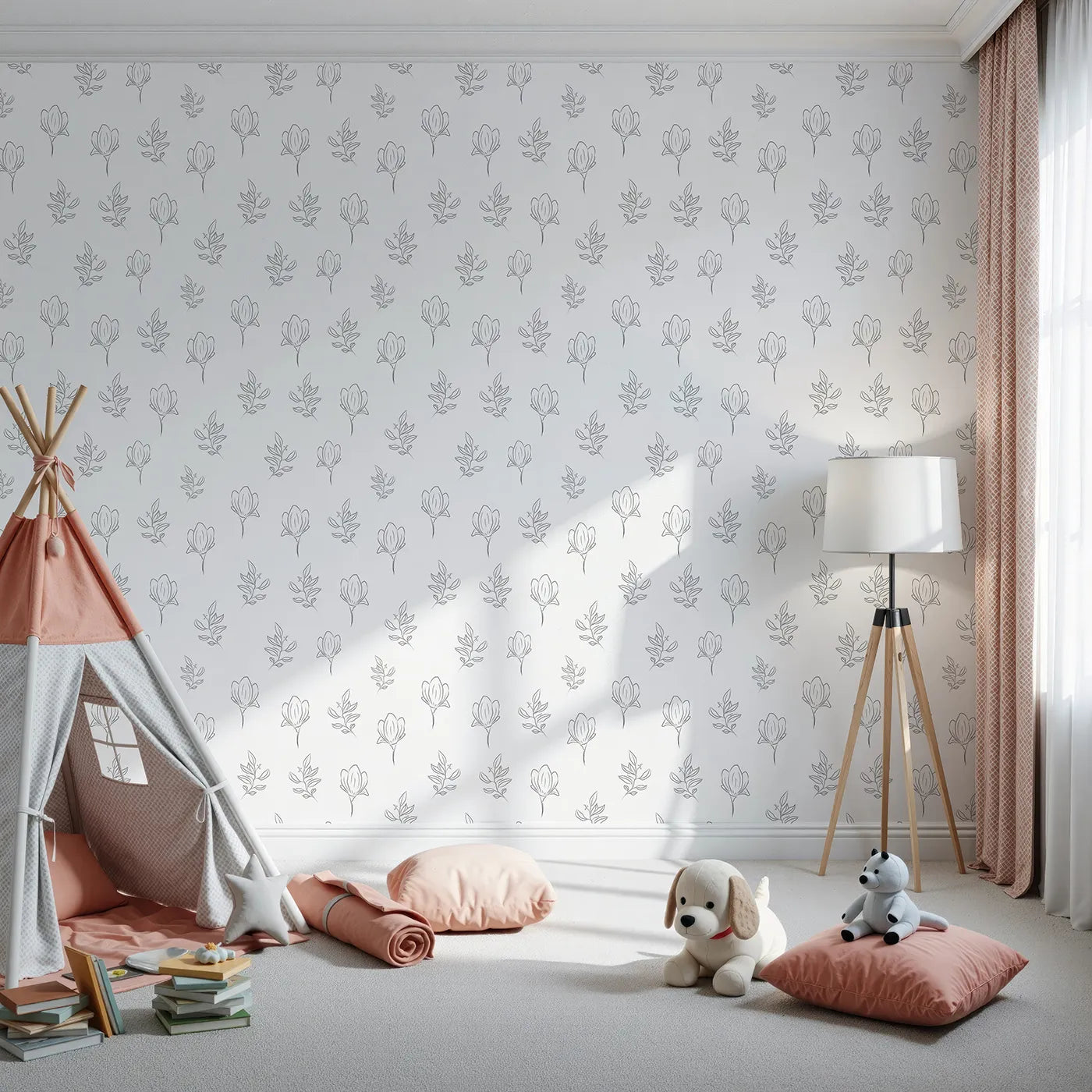 Front view of Whimsy Tots' Petal Outline Grace Wallpaper in White