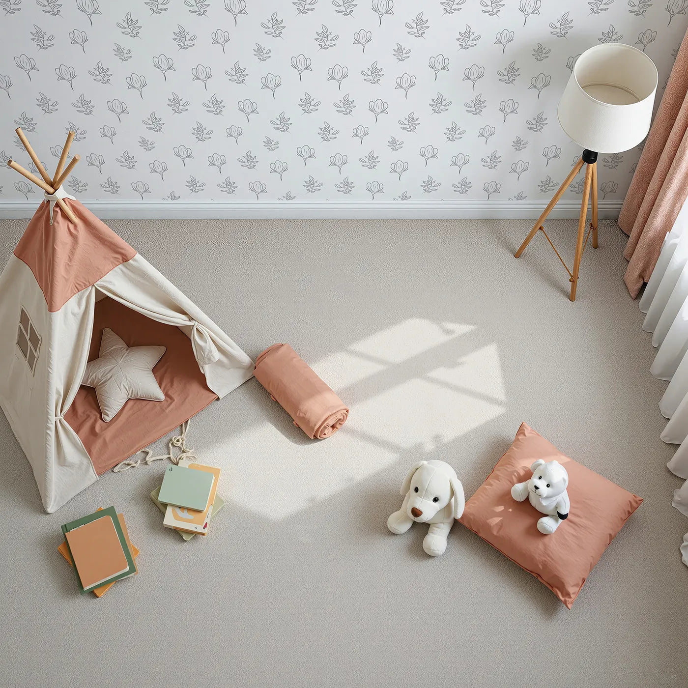 Top-Down view of Whimsy Tots' Petal Outline Grace Wallpaper in White (W3406A).Graceful flower sketches bloom across a crisp white sky.