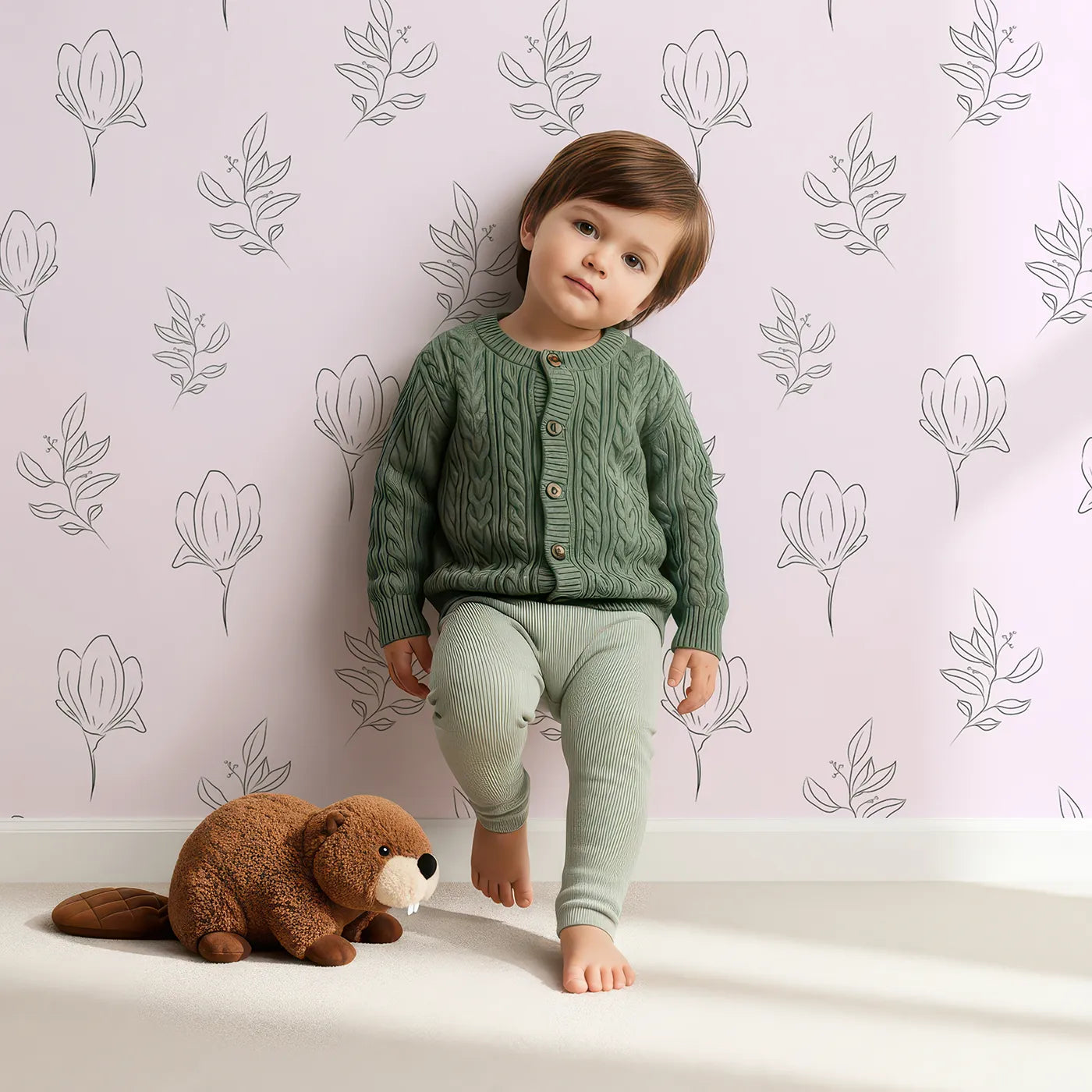 Lovely child standing in front of Whimsy Tots Petal Outline Grace Wallpaper in Blush Pink with flower, leaf, sprig, botanical in design.