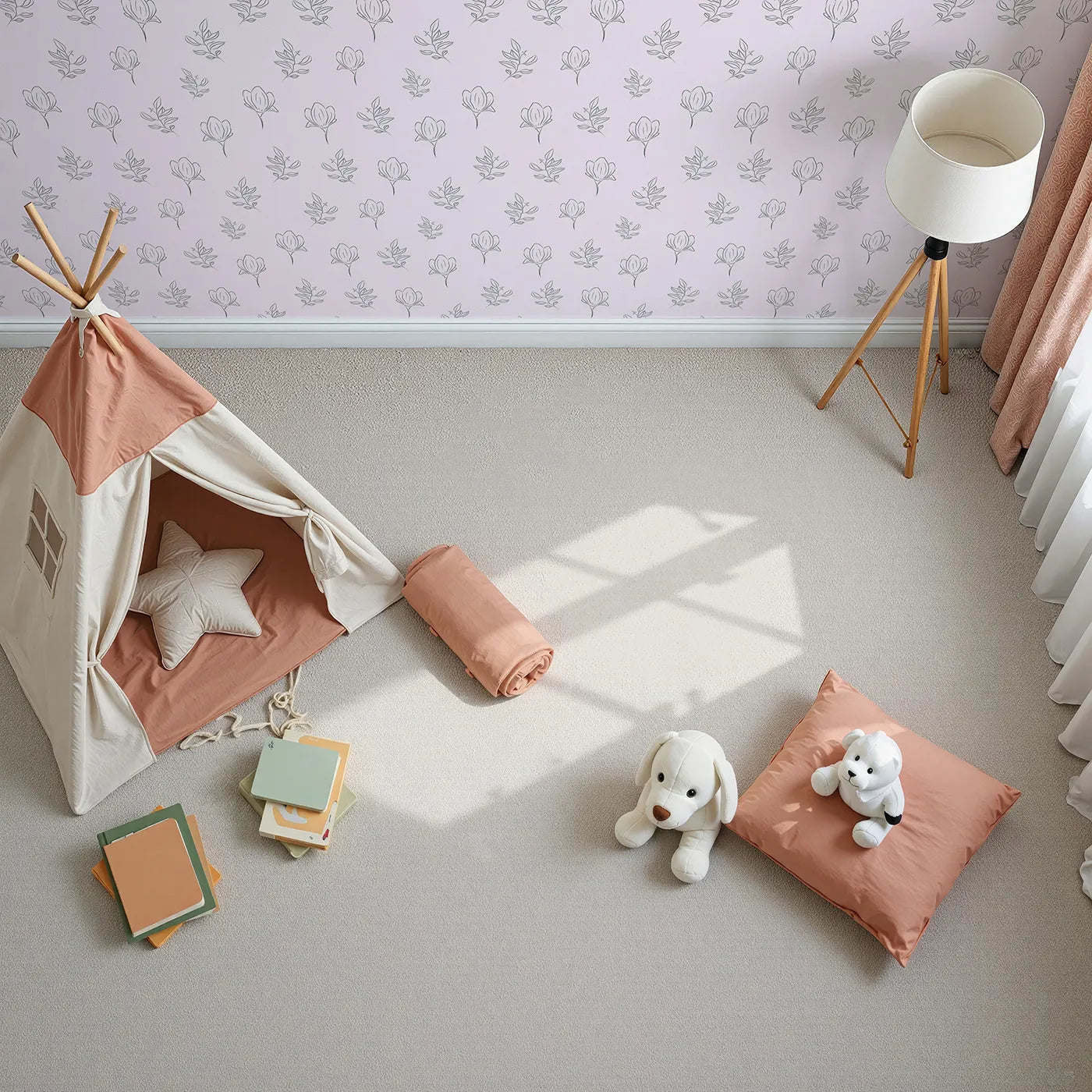 Top-Down view of Whimsy Tots' Petal Outline Grace Wallpaper in Blush Pink (W3406B).Elegant linework florals bloom gently across a soft pink sky.