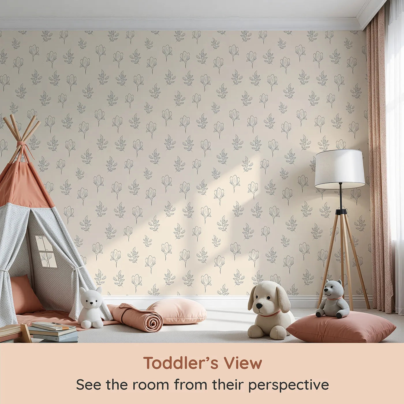 Whimsy Tots Petal Outline Grace Wallpaper in Sand (W3406C) from your child's view.Delicate floral outlines bloom gently on a warm sand background.