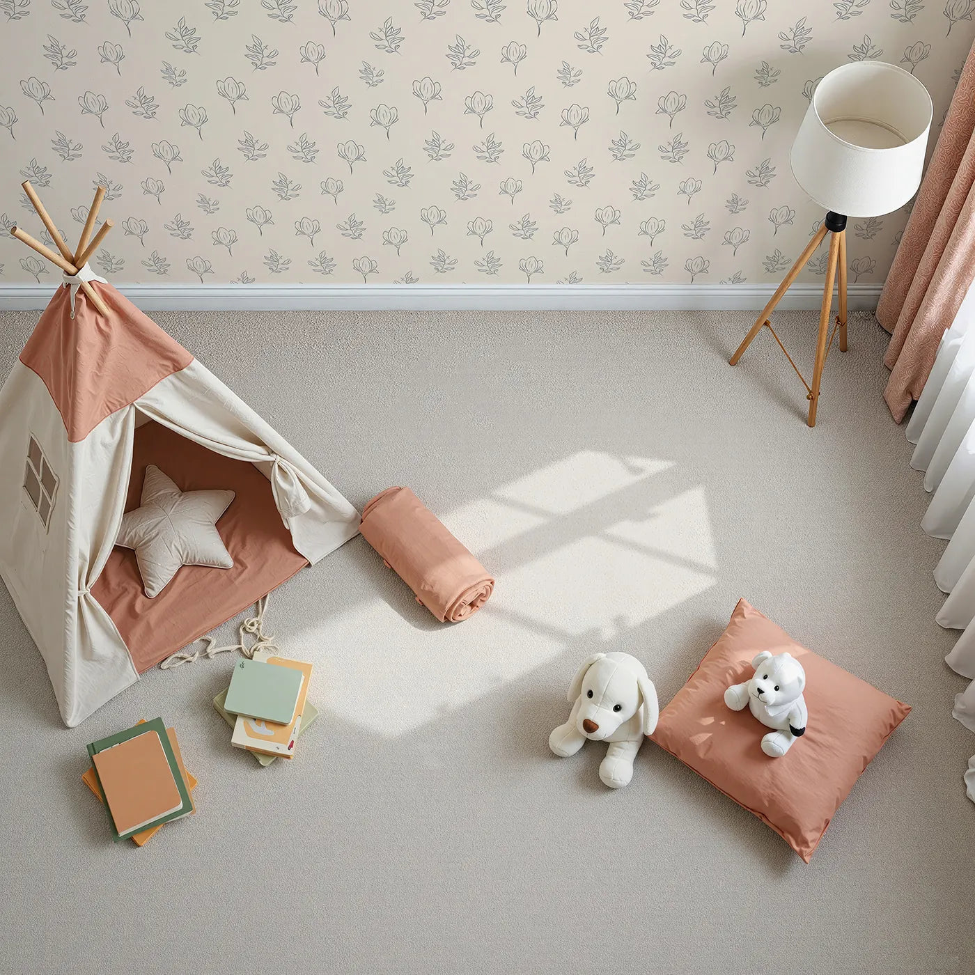 Top-Down view of Whimsy Tots' Petal Outline Grace Wallpaper in Sand (W3406C).Delicate floral outlines bloom gently on a warm sand background.